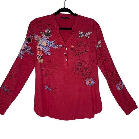 Desigual Red Botanical Print Long Sleeve Casual Pop Over Blouse Size M - Picture 2 of 14
